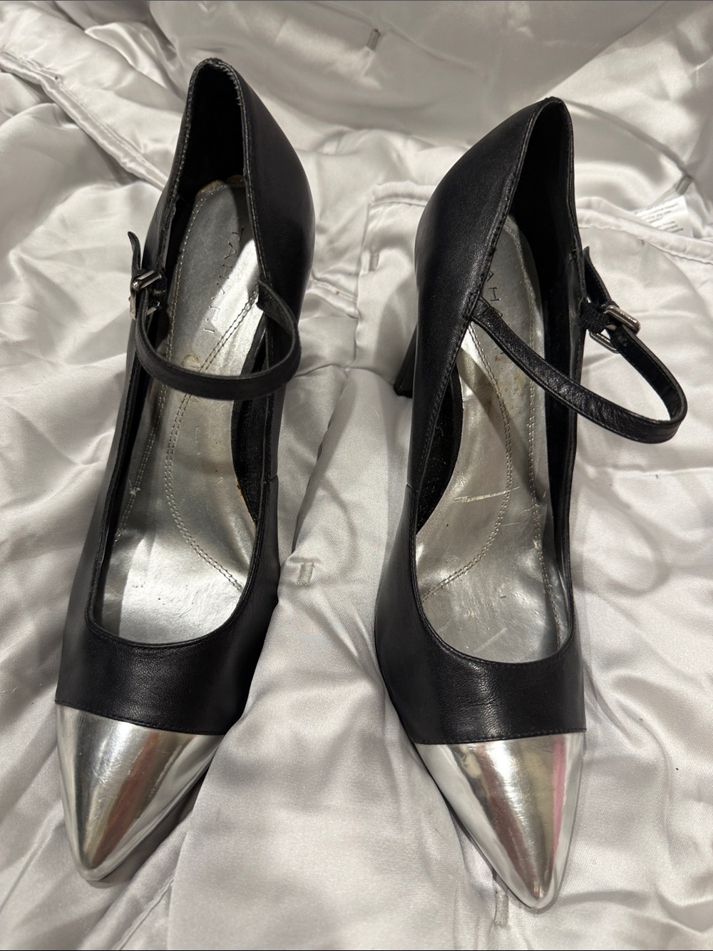 Vintage Tahari Black Leather Mary Jane Pumps with Silver Pointed Toe